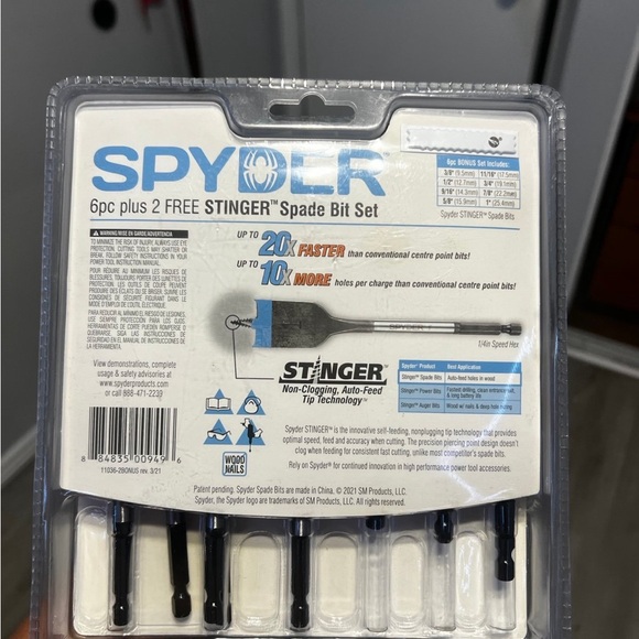 Spyder Stinger 8 Pc. Assorted 6-in Woodboring Spade Drill Bit Set 1/4 Bit Drive - Picture 2 of 2